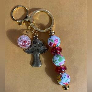 Floral Beaded Keychain with Mushroom Charm